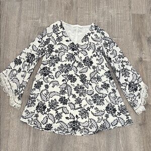 Astr White Tunic with Black Floral Print and Lace Trim